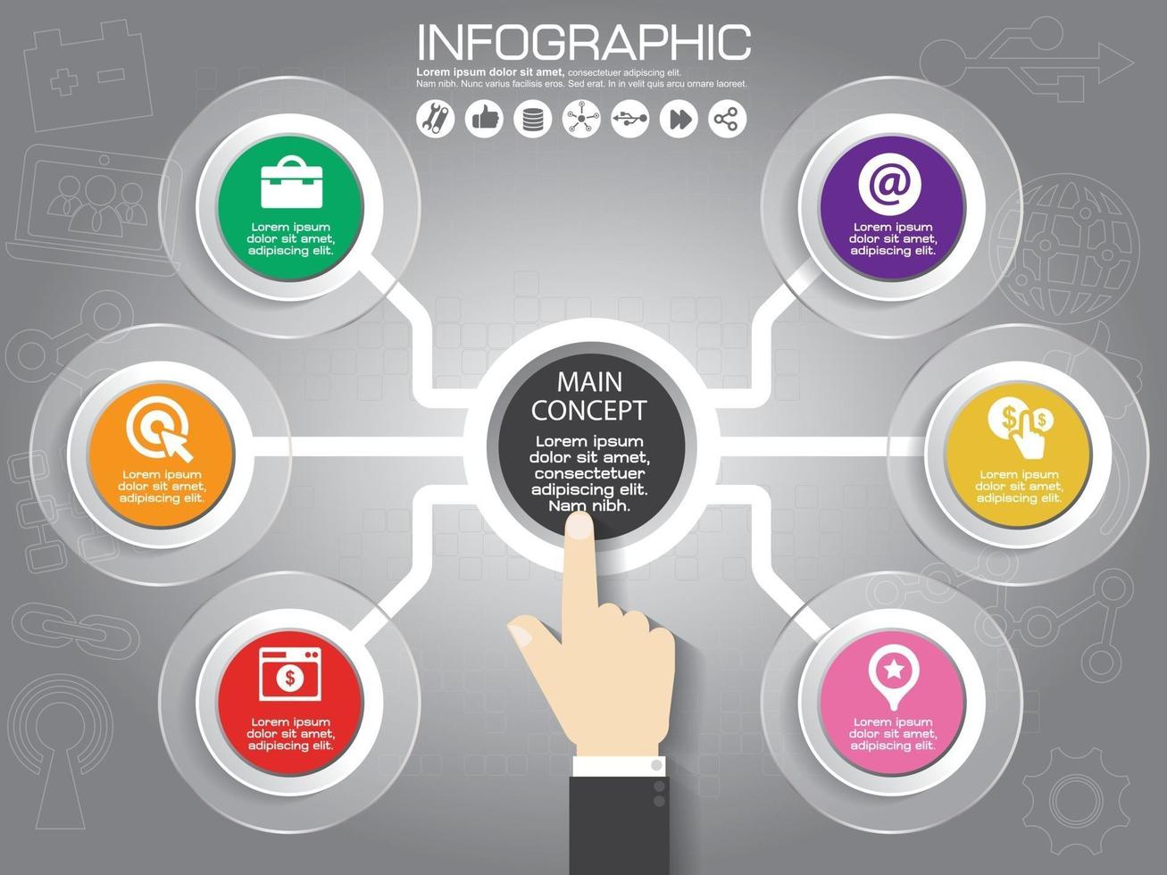 Infographic design template and business concept with 6 options, parts, steps or processes. Can be used for workflow layout, diagram, number options, web design. vector