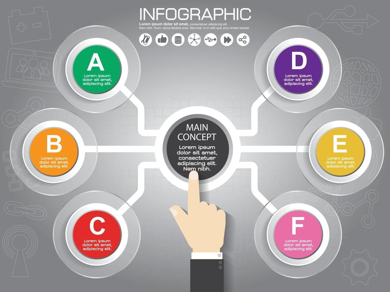 plantilla de diseño infográfico y concepto de negocio con 6 opciones, piezas, pasos o procesos. se puede utilizar para diseño de flujo de trabajo, diagrama, opciones numéricas, diseño web. vector