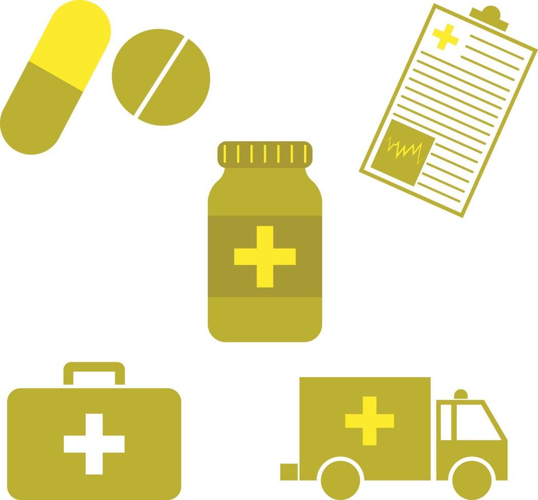 A Set of Hospital Flat Art Design Health Care Icons Such as Capsules, Tablets, Pills, Medical Form, Medical Cross, Medicine Bottle, First Aid Kit or Box and Ambulance in Gold Color vector