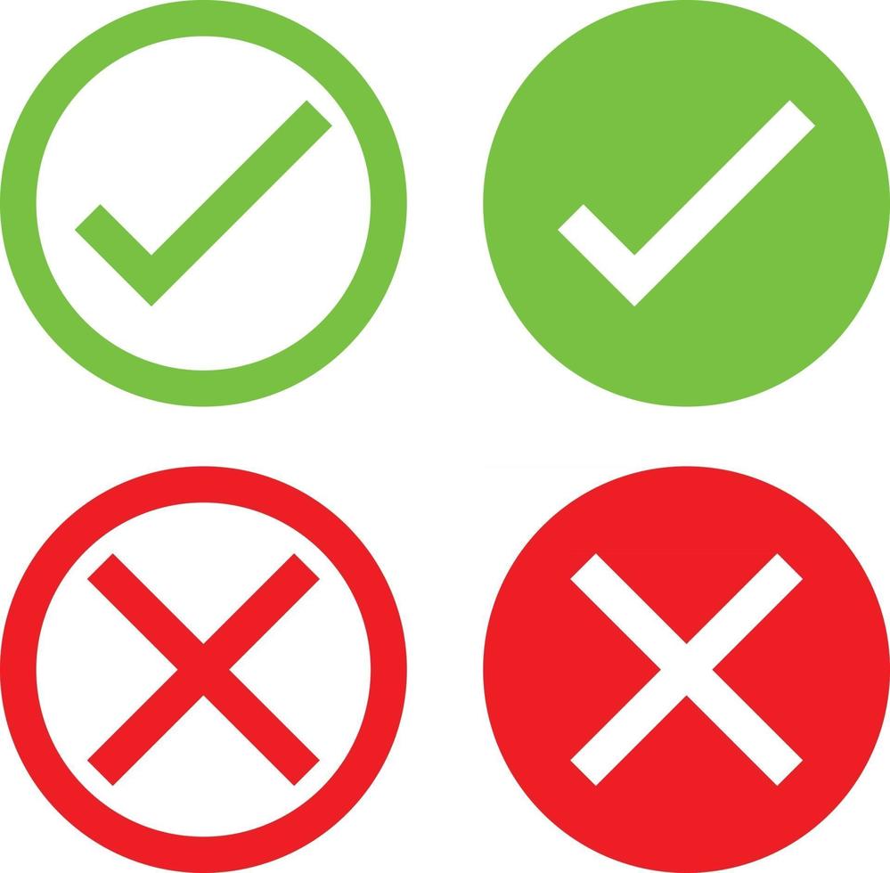un conjunto de iconos de marca verde y x roja que representan aprobado aceptado, acordado, válido, confirmado, visto, acceso denegado, fallido, incorrecto vector