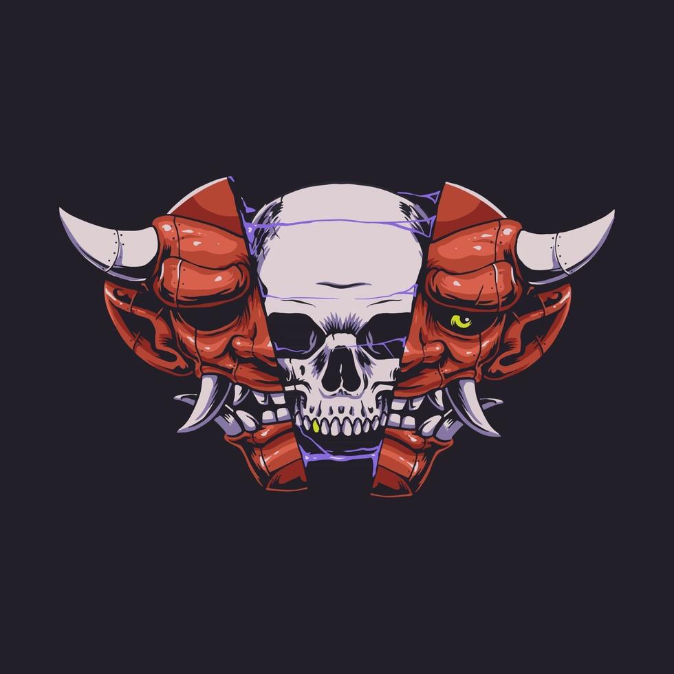 japanese oni and skull illustration vector