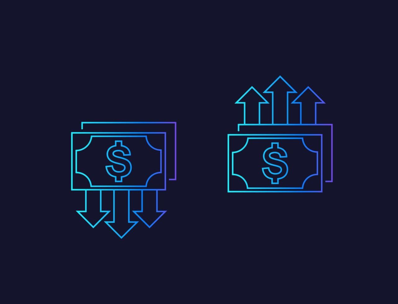 reducción y crecimiento de costos, dinero, iconos lineales vector