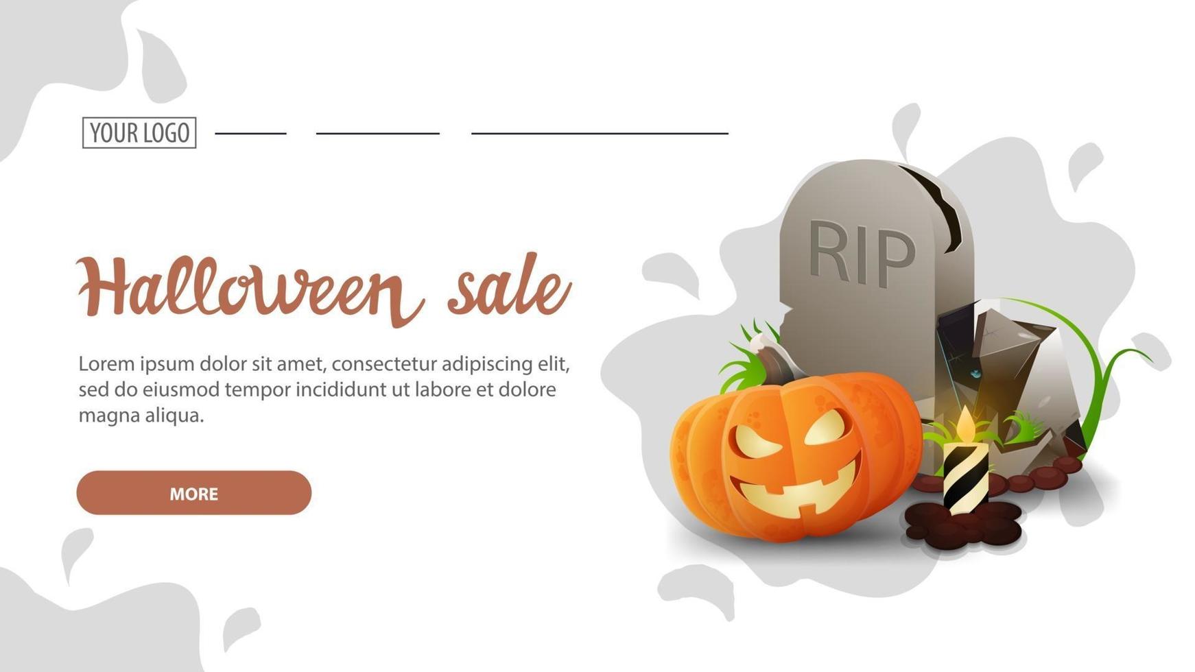 venta de halloween, banner web de descuento horizontal blanco con diseño minimalista de gota de agua, lápida y gato de calabaza vector