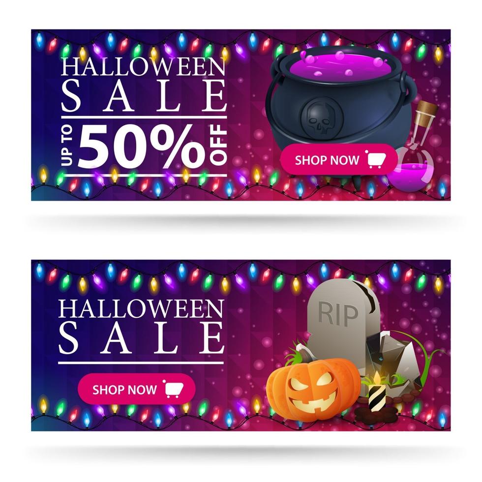 Halloween sale, up to 50 off, purple horizontal discount web banners with witch's cauldron with potion, tombstone and pumpkin Jack vector