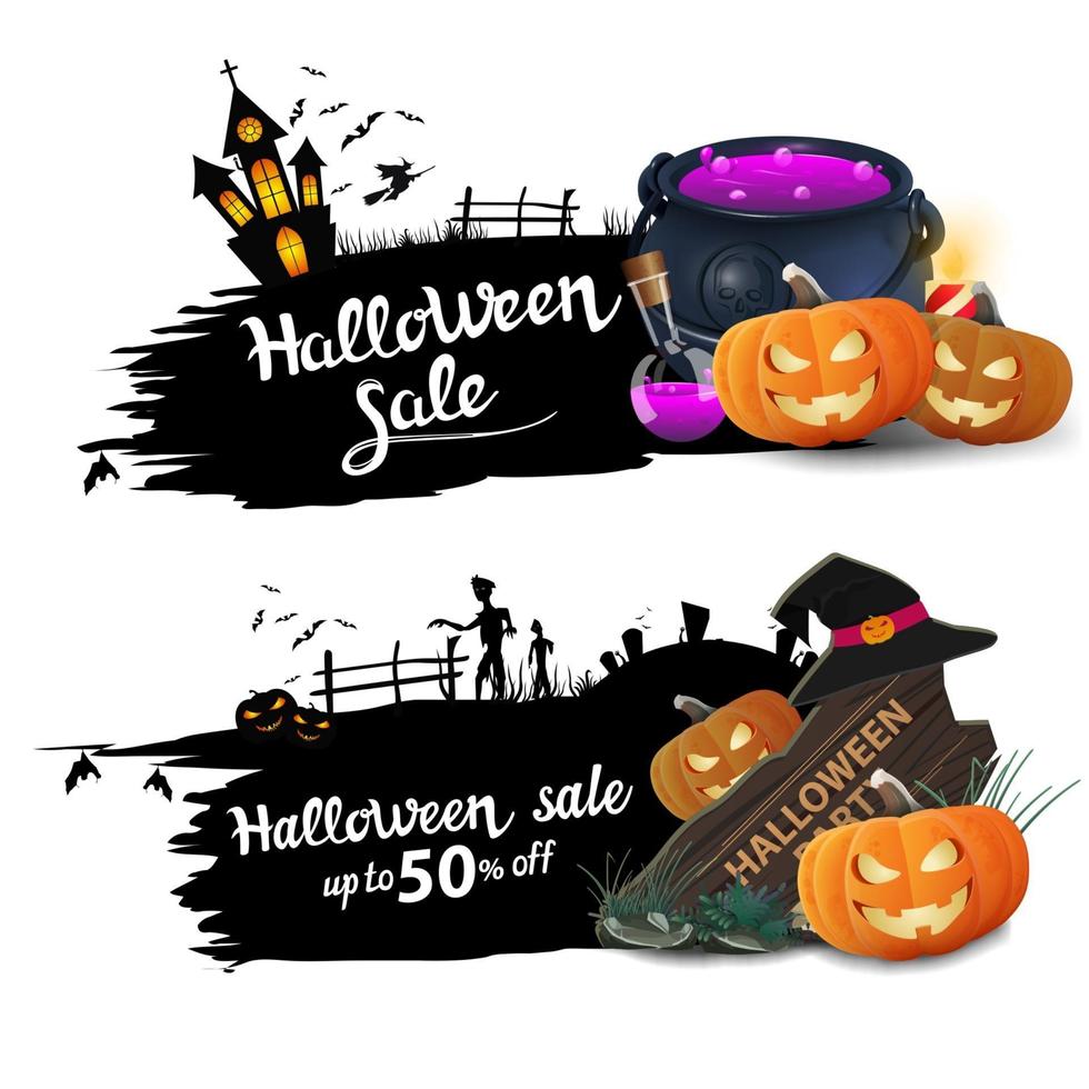 Halloween sale, two black discount web banners with witch's cauldron and pumpkin Jack. Black banner isolated on white background vector