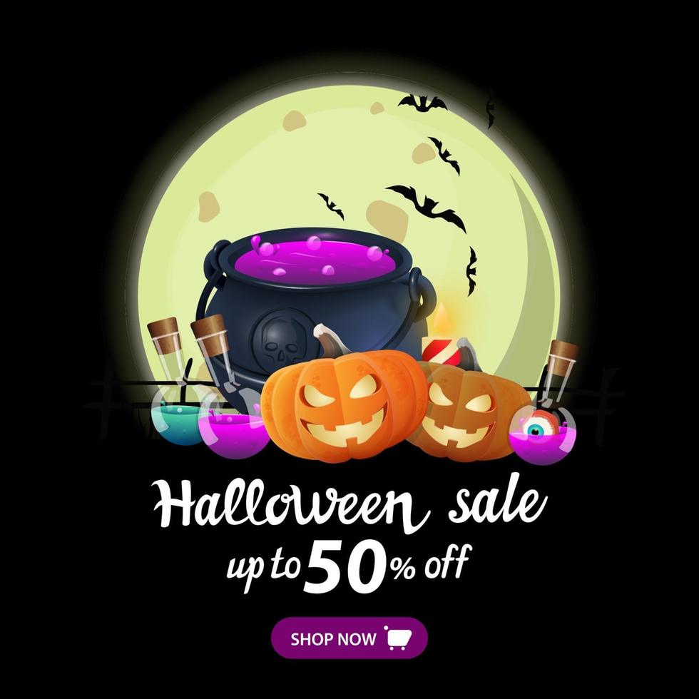 Halloween sale, up to 50 off, black square discount web banner with large full moon, witch's cauldron and pumpkin Jack vector