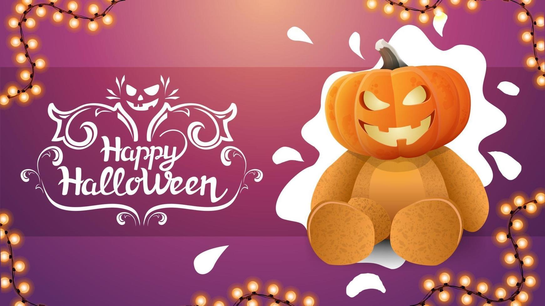 Happy Halloween, pink horizontal discount web banner with water drop minimal design, witch's cauldron and pumpkin Jack vector