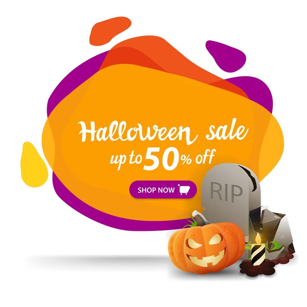 Halloween sale, up to 50 off, creative colorful banner with dynamic liquid shapes vector