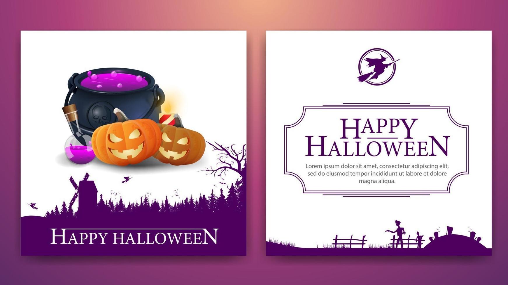 Happy Halloween, white creative greeting double-sided square card ready to print with illustration witch's cauldron and pumpkin Jack vector