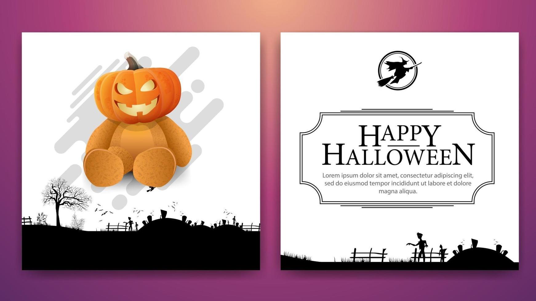 feliz halloween, tarjeta cuadrada de doble cara de saludo creativo blanco lista para imprimir con ilustración oso de peluche con cabeza de calabaza jack vector