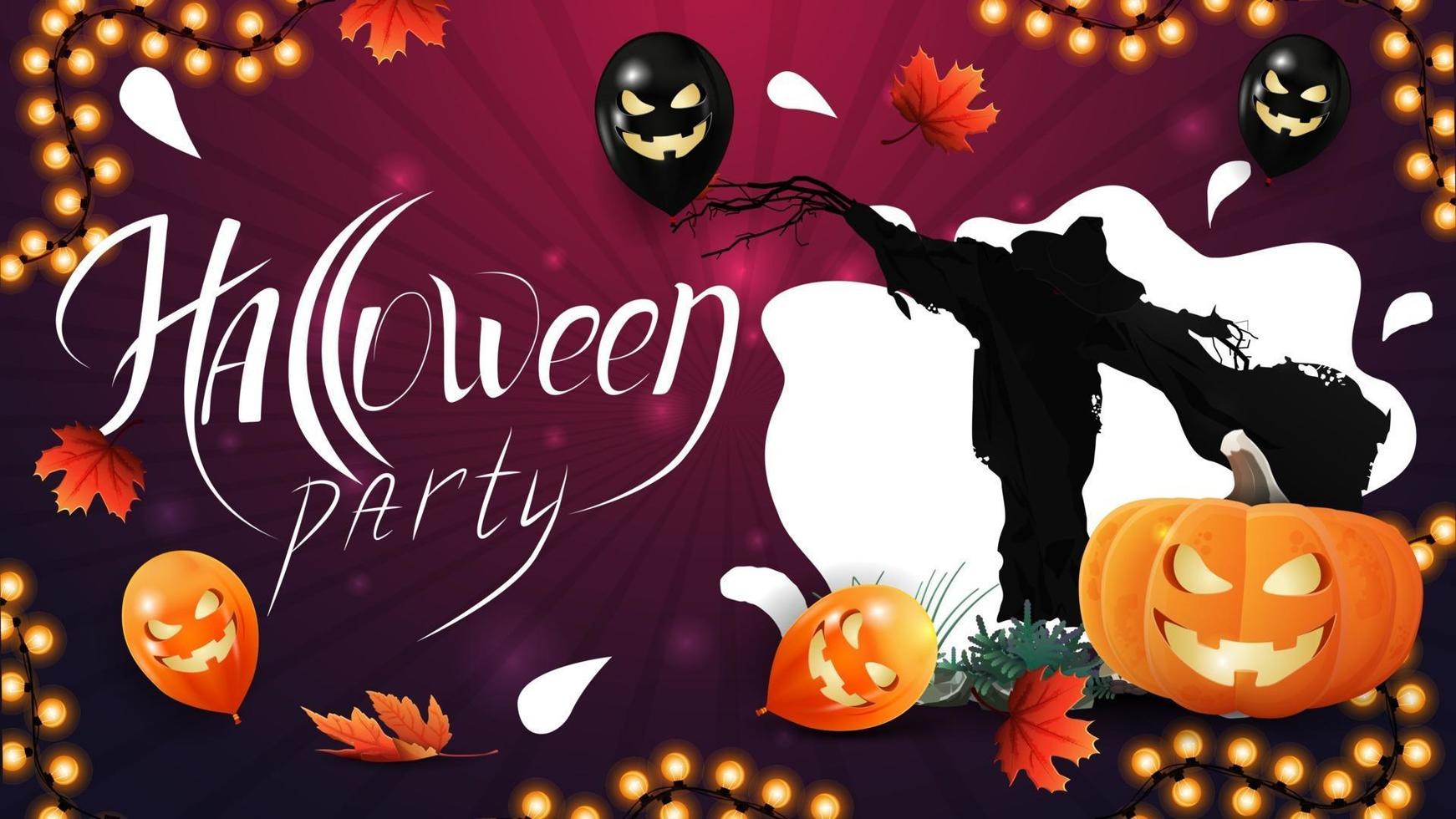 Halloween party, creative invitation poster with water drop minimal design, autumn leafs, Halloween balloons, garland, Scarecrow and pumpkin Jack vector