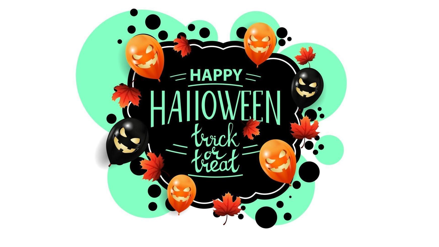 Happy Halloween, creative greeting postcard with graffiti style. Template with bubbles, autumn leafs and Halloween balloons. vector