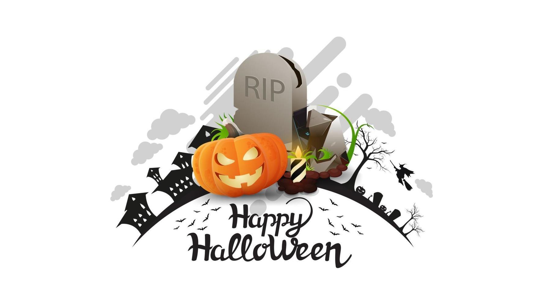 Happy Halloween, white greeting card with tombstone and pumpkin Jack. The logo with the silhouette of the earth with Halloween night vector