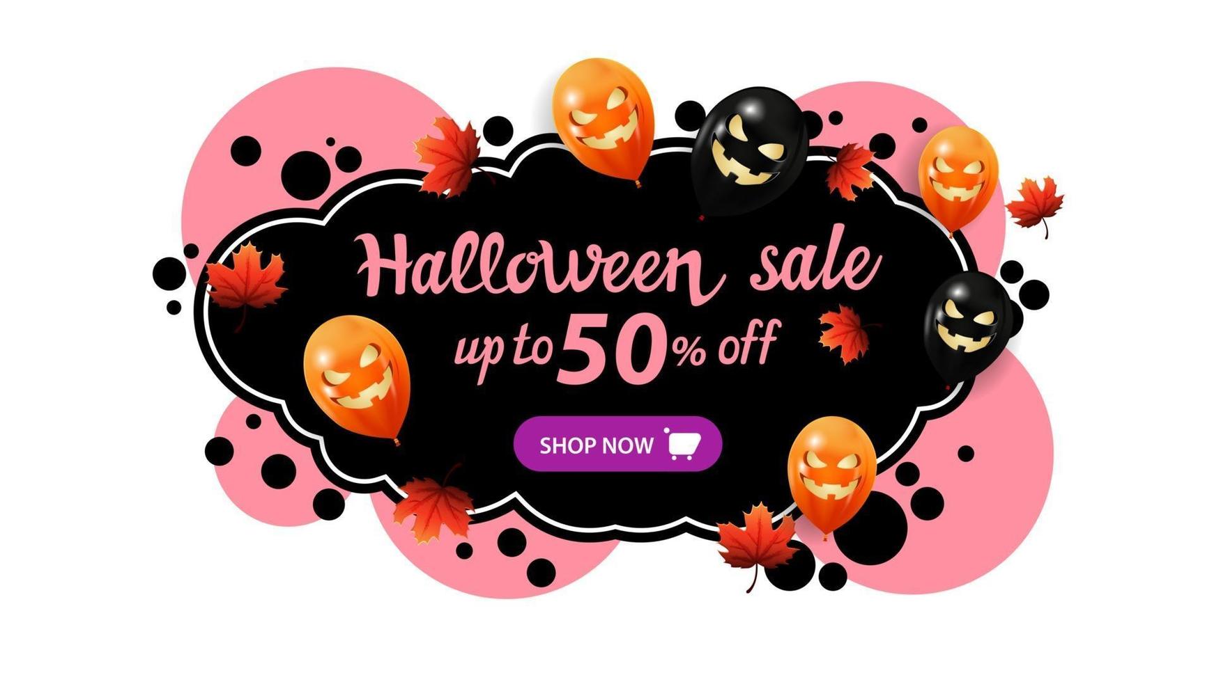 Halloween sale, up to 50 off, creative banner with graffiti style. Template with bubbles, autumn leafs and Halloween balloons. vector