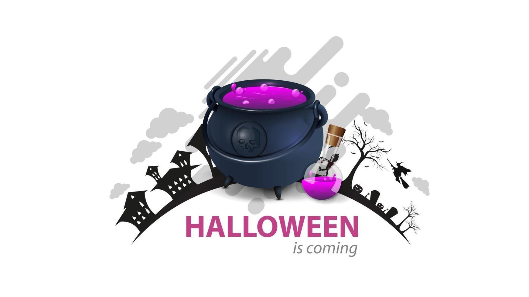 Se acerca halloween, tarjeta de felicitación blanca con caldero de brujas con poción. el logo con la silueta de la tierra con la noche de halloween vector