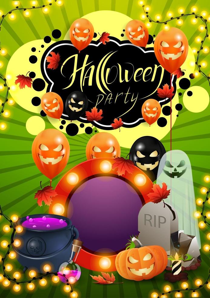 fiesta de halloween, cartel de invitación verde con lápida, calabaza, caldero de brujas, fantasmas y globos de halloween vector