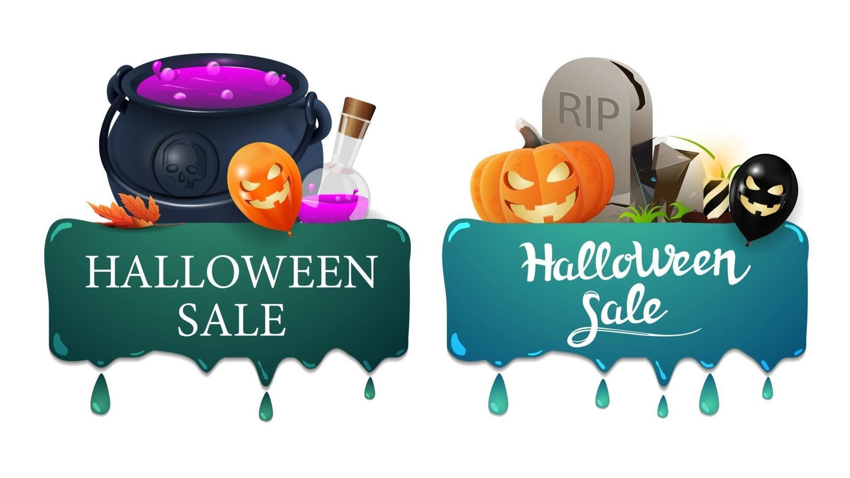 Halloween sale, two banners with drips, witch's cauldron with potion, tombstone and pumpkin Jack vector
