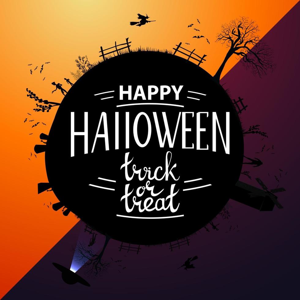 feliz halloween, truco o trato, tarjeta de felicitación redonda negra con la silueta del planeta en la noche de halloween vector