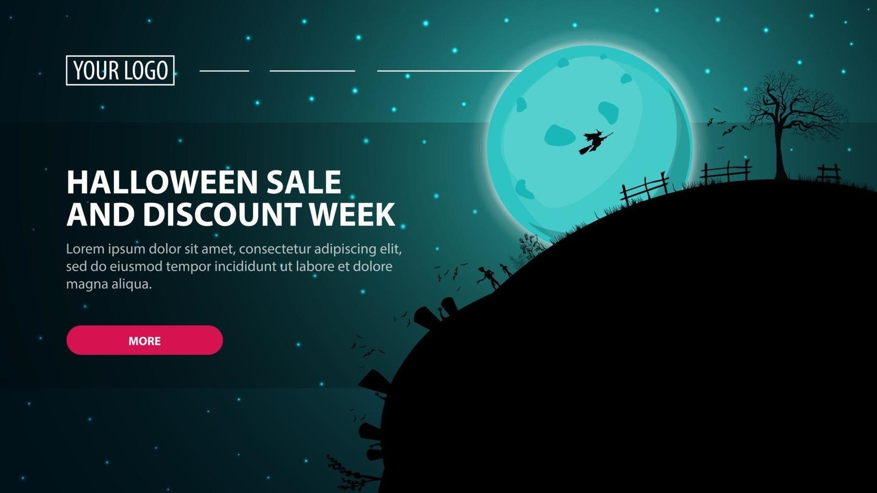 Halloween sale and discount week, horizontal discount web banner with halloween night landscape. Full blue moon with starry sky and silhouette of the planet at Halloween night vector