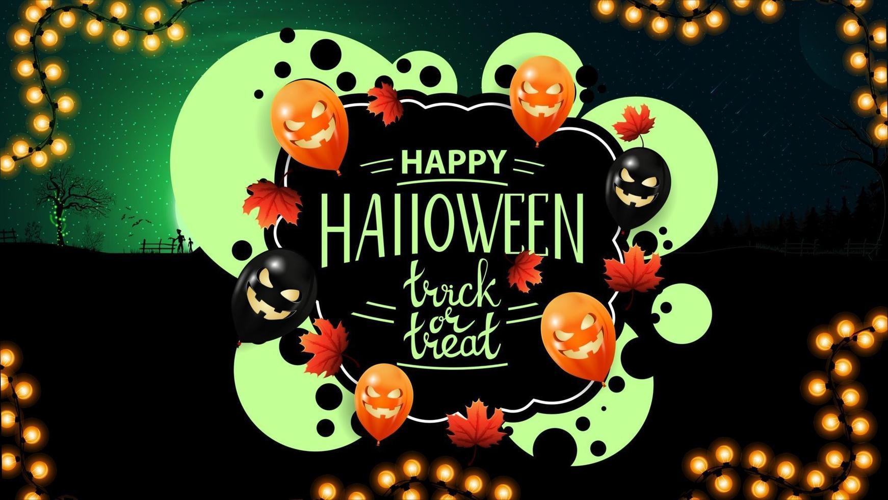 Happy Halloween, trick or treat, creative greeting postcard with graffiti style and Halloween background. Template with bubbles, autumn leafs and Halloween balloons vector