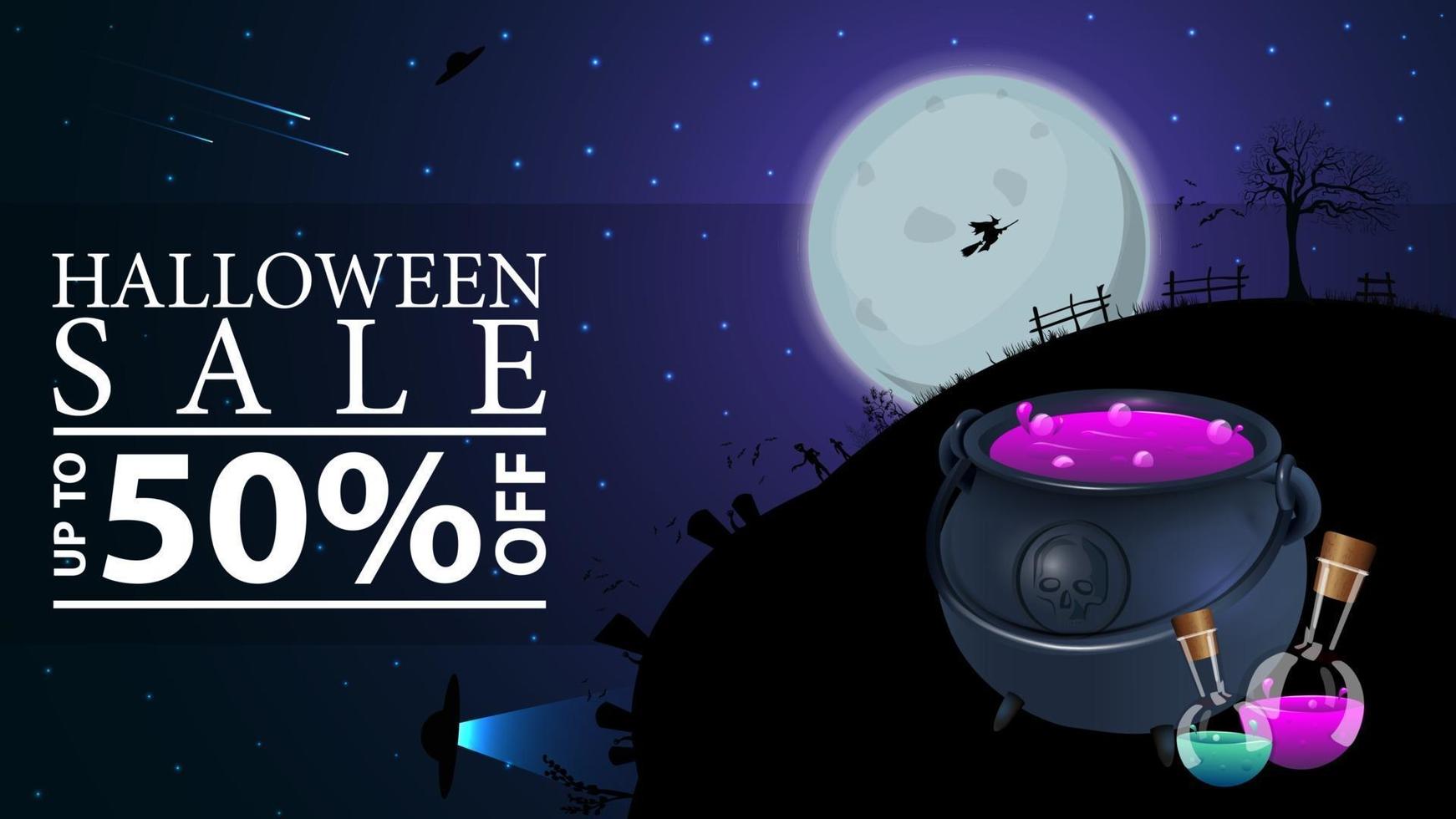 Halloween sale, up to 50 off, horizontal discount web banner with halloween night landscape. Full moon with starry sky and silhouette of the planet at Halloween night vector