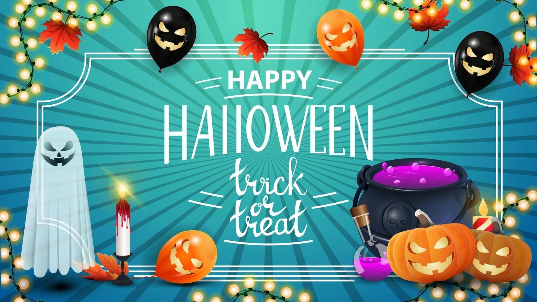 Happy Halloween, trick or treat. Blue creative greeting postcard with autumn leafs, Halloween ballons, garland, ghost, witch's cauldron and pumpkin Jack vector