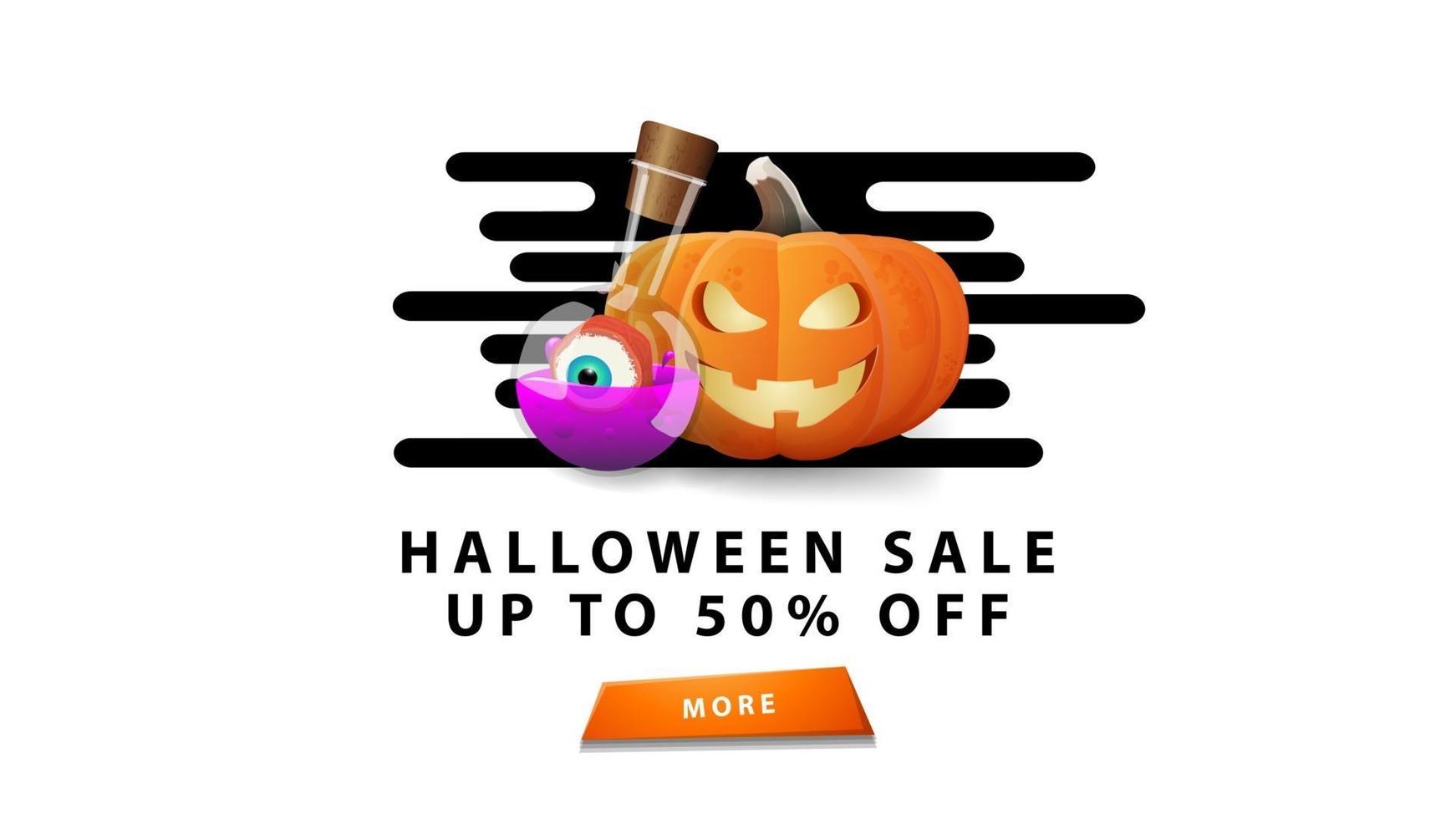 Halloween sale, up to 50 off, white stylish minimalist greeting postcard with pumpkin Jack and witch's potion vector
