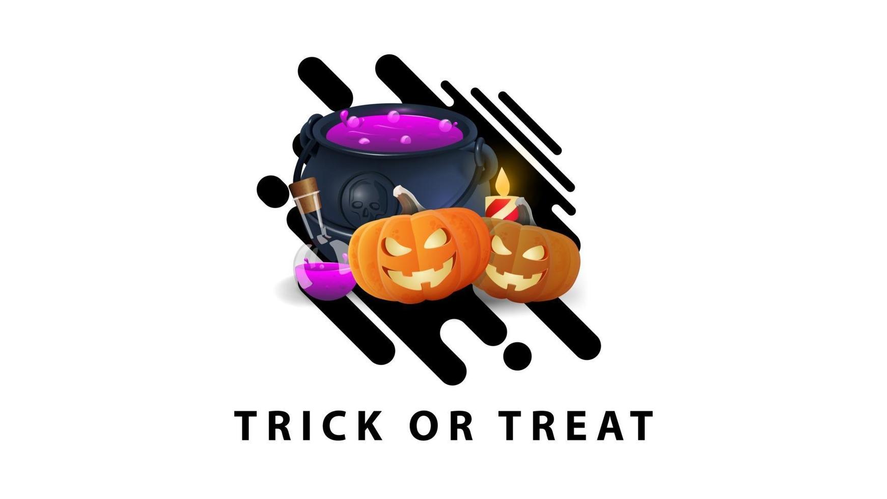 Trick or treat, white stylish minimalist greeting postcard with witch's cauldron and pumpkin Jack vector