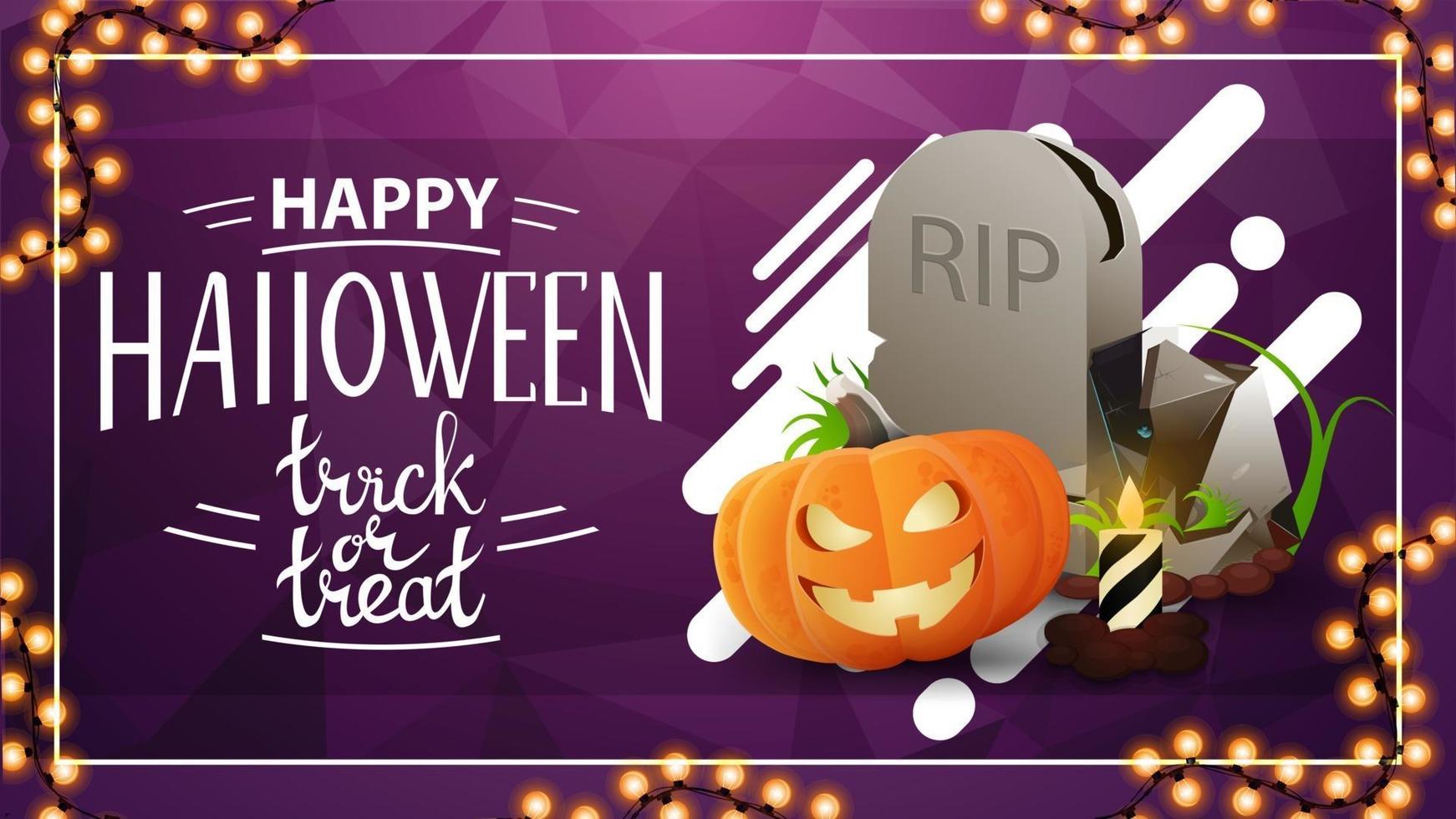 Happy Halloween, trick or treat, purple greeting postcard with polygonal texture on the background and tombstone and pumpkin Jack vector