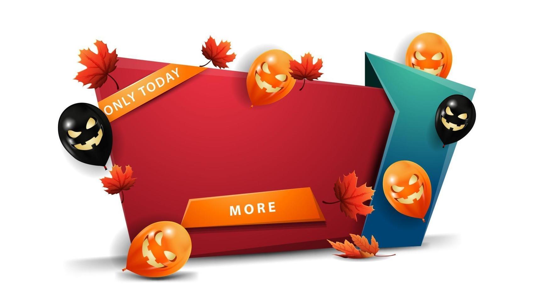 Halloween template, horizontal red template in cartoon style with Halloween balloons and button vector