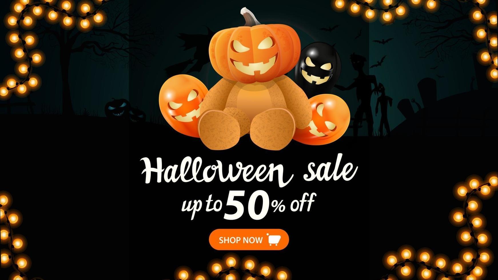 Halloween sale, up to 50 off, discount web banner with halloween night landscape on the background, Teddy bear with Jack pumpkin head and Halloween balloons vector