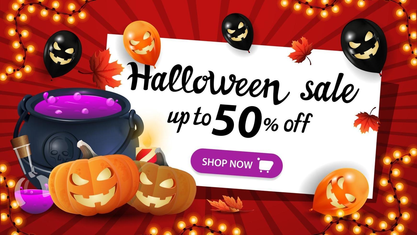 venta de halloween, hasta 50 de descuento, pancarta roja con globos de halloween, guirnalda, caldero de brujas y calabaza vector