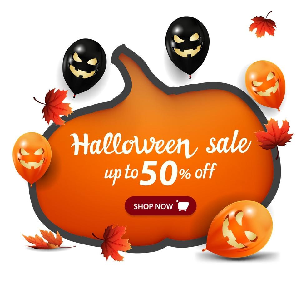 Halloween sale, up to 50 off, discount white banner with a huge pumpkin carved in paper, Halloween ballons and autumn leafs vector