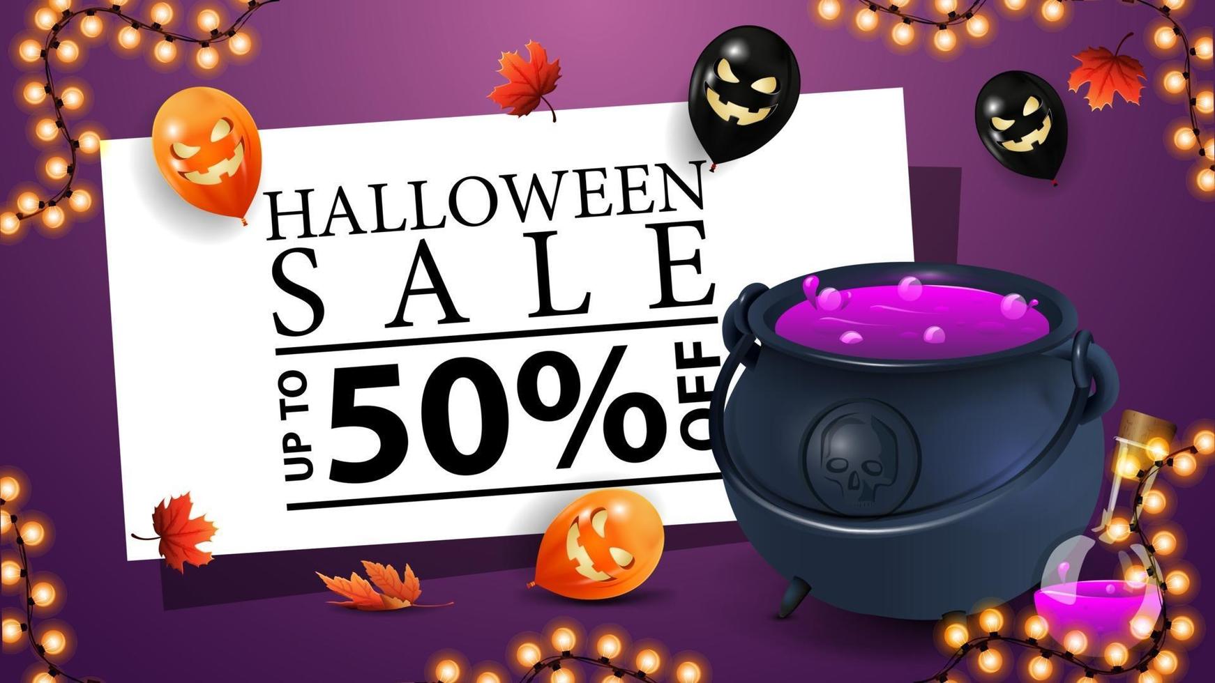 venta de halloween, hasta 50 de descuento, banner de descuento morado con caldero de bruja con poción vector