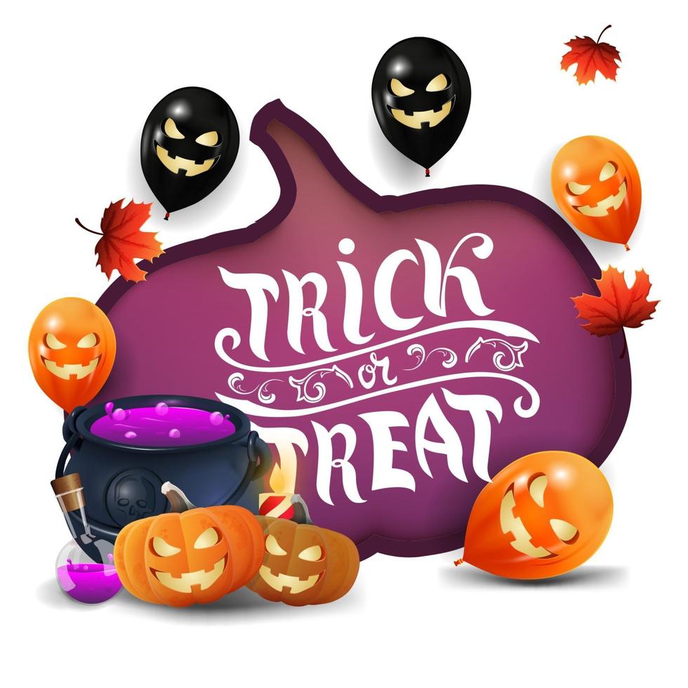 Trick or treat, greeting white card with a huge pumpkin carved in paper, Halloween ballons, autumn leafs, witch's cauldron and pumpkin Jack vector