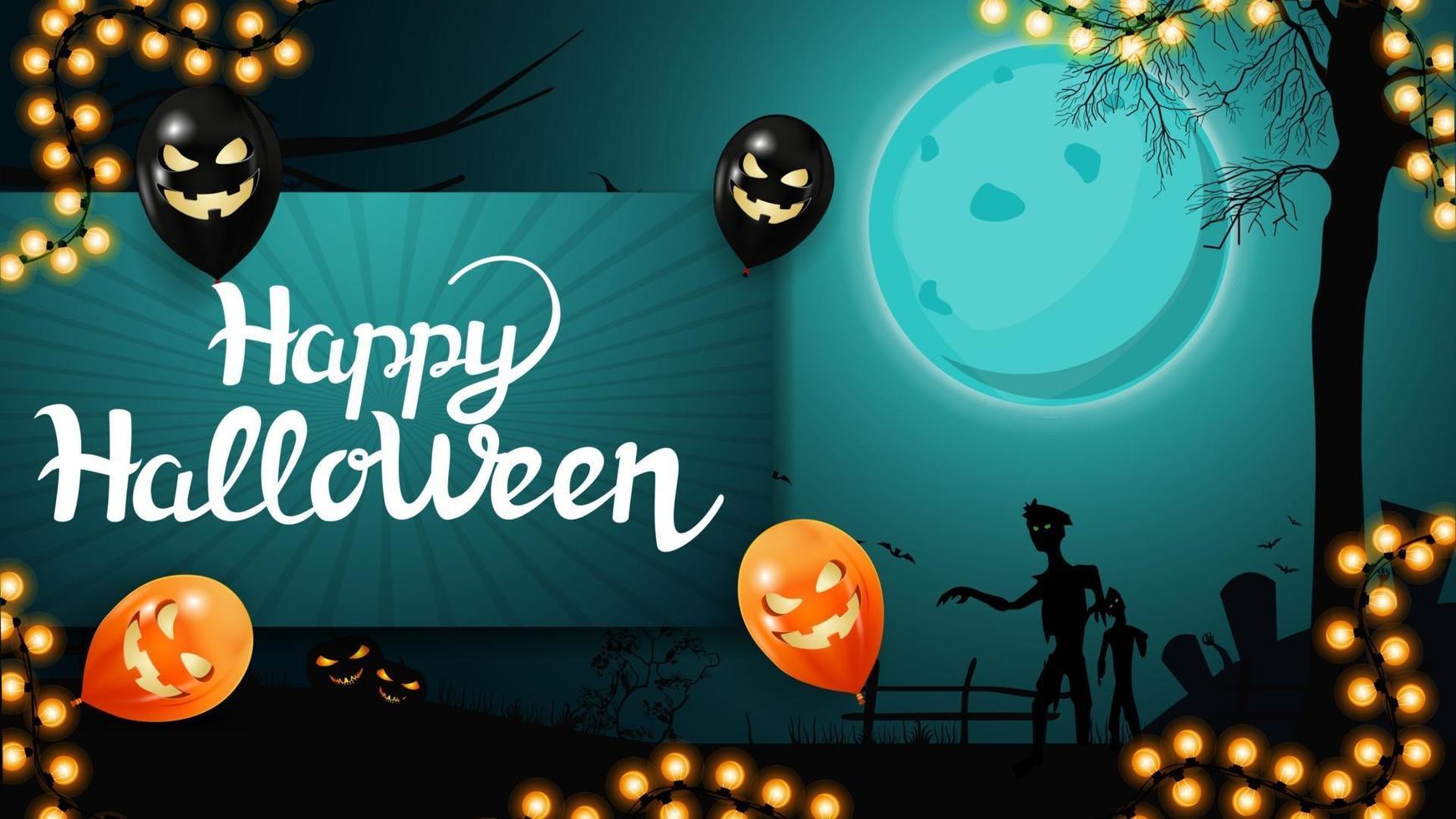 postal de felicitación, feliz halloween, truco o trato, tarjeta con paisaje de halloween en el fondo vector