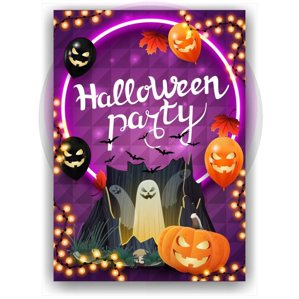 Halloween party, vertical invitation poster with bright design, Halloween ballons, autumn leafs, portal with ghosts and pumpkin Jack vector