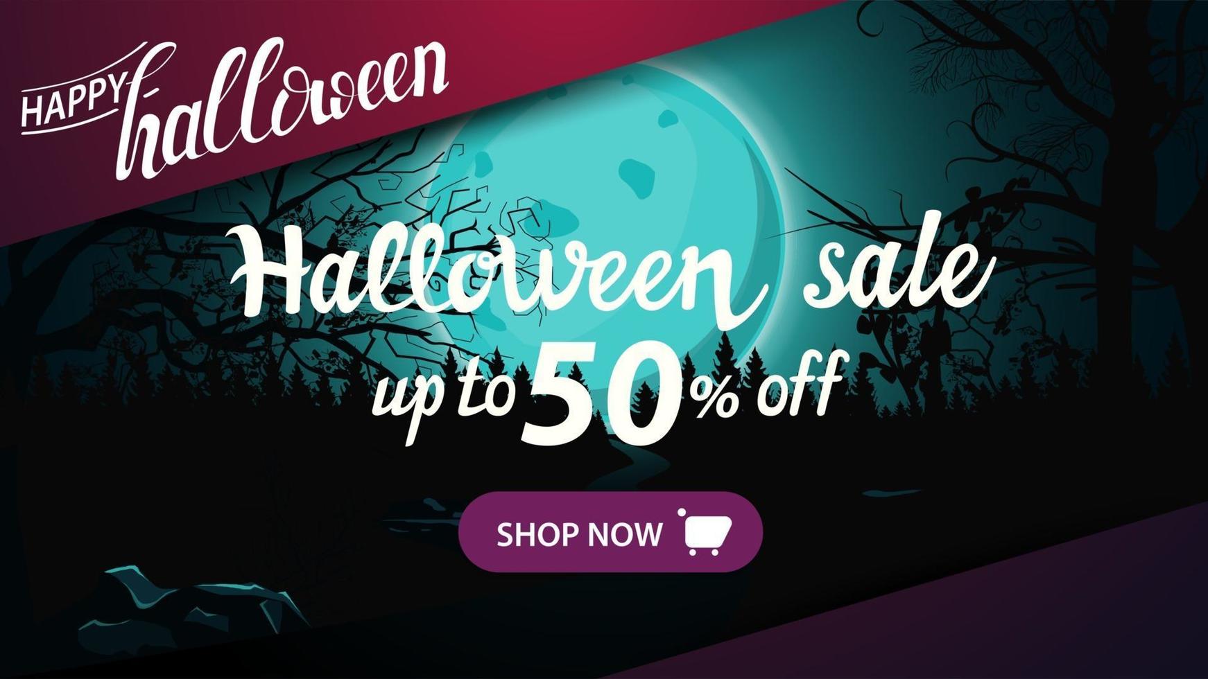 venta de halloween, hasta 50 de descuento, banner de descuento con paisaje de halloween en el fondo. Fondo de Halloween, luna llena sobre bosque oscuro. vector