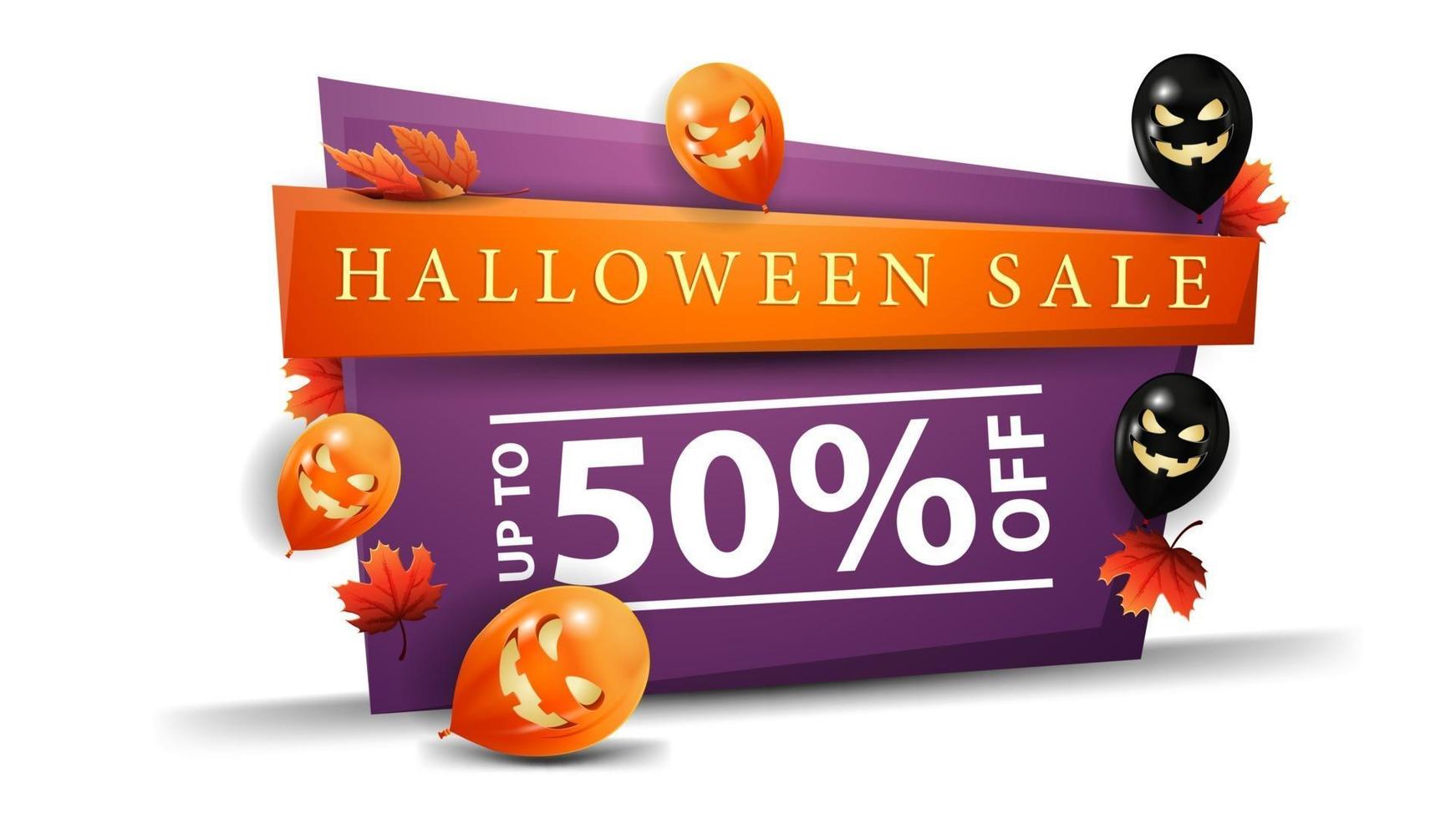 venta de halloween, hasta 50 de descuento, banner de descuento horizontal en estilo de dibujos animados con globos de halloween vector