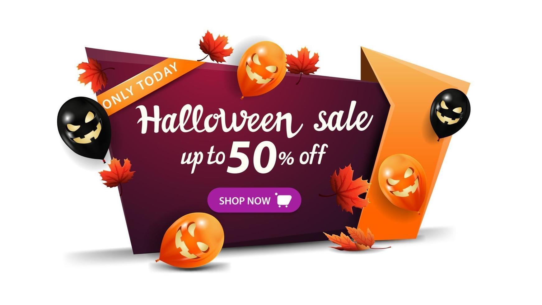 venta de halloween, hasta 50 de descuento, banner de descuento horizontal en estilo de dibujos animados con globos de halloween, hojas de otoño y botón vector