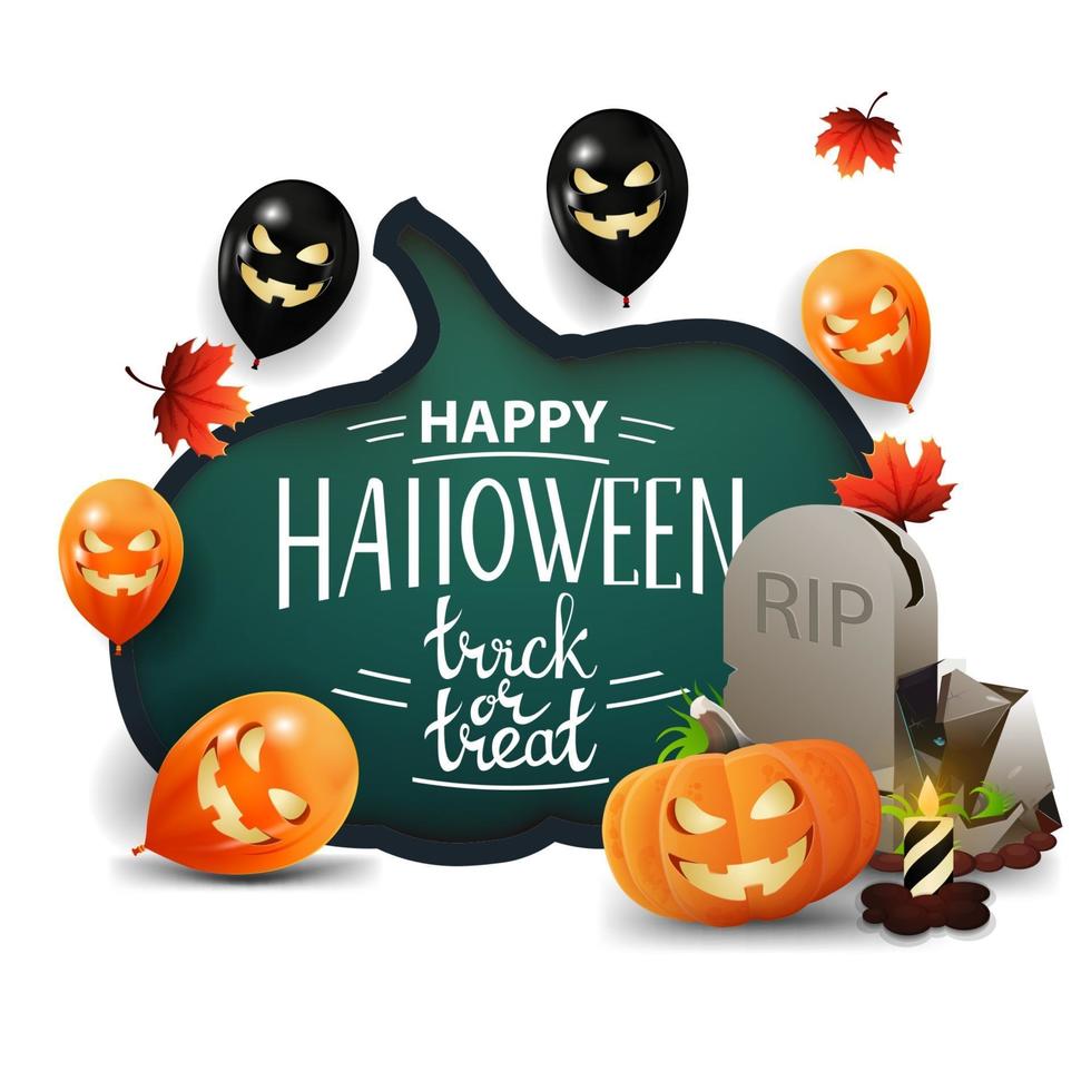 feliz halloween, truco o trato, tarjeta blanca de felicitación con una enorme calabaza tallada en papel, globos de halloween, hojas de otoño, lápida y gato de calabaza vector