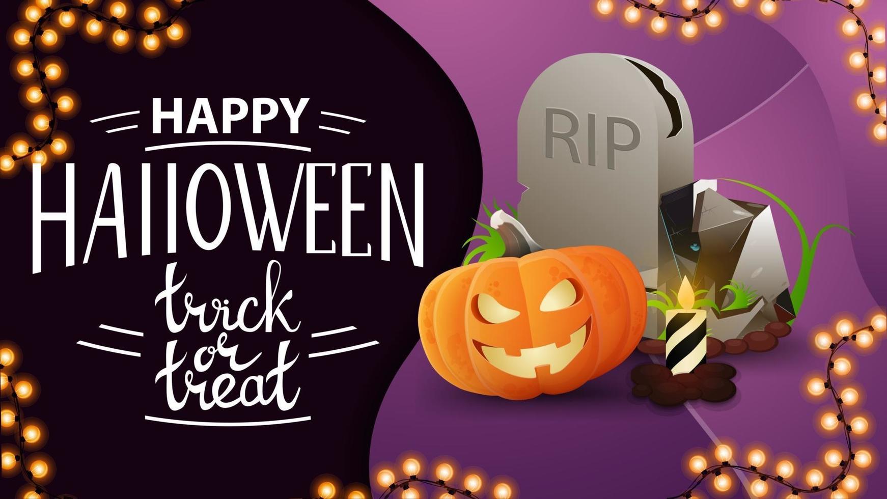 Happy Halloween, trick or treat, greeting purple card with tombstone and pumpkin Jack vector