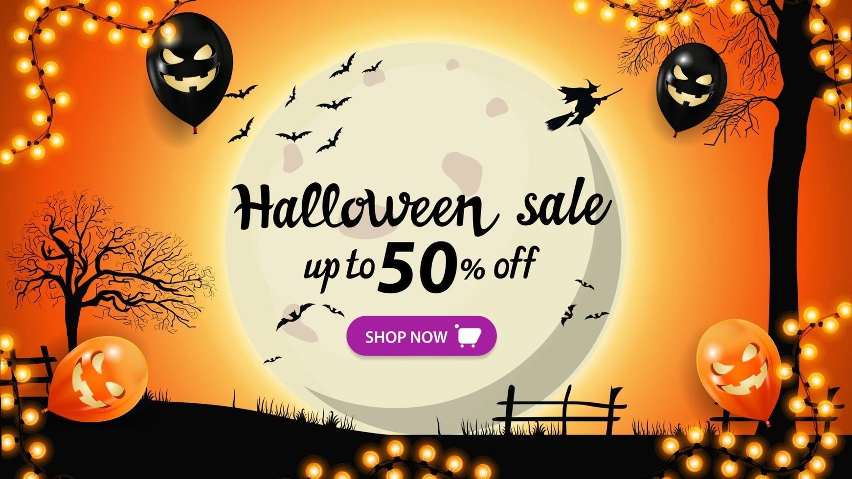 Halloween sale, up to 50 off, orange banner with halloween landscape on the background. Halloween background, night landscape with big yellow full moon, old trees and witches in the sky vector