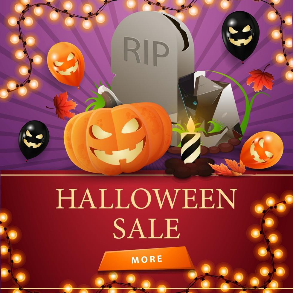 Halloween sale, square discount purple banner with tombstone and pumpkin Jack vector