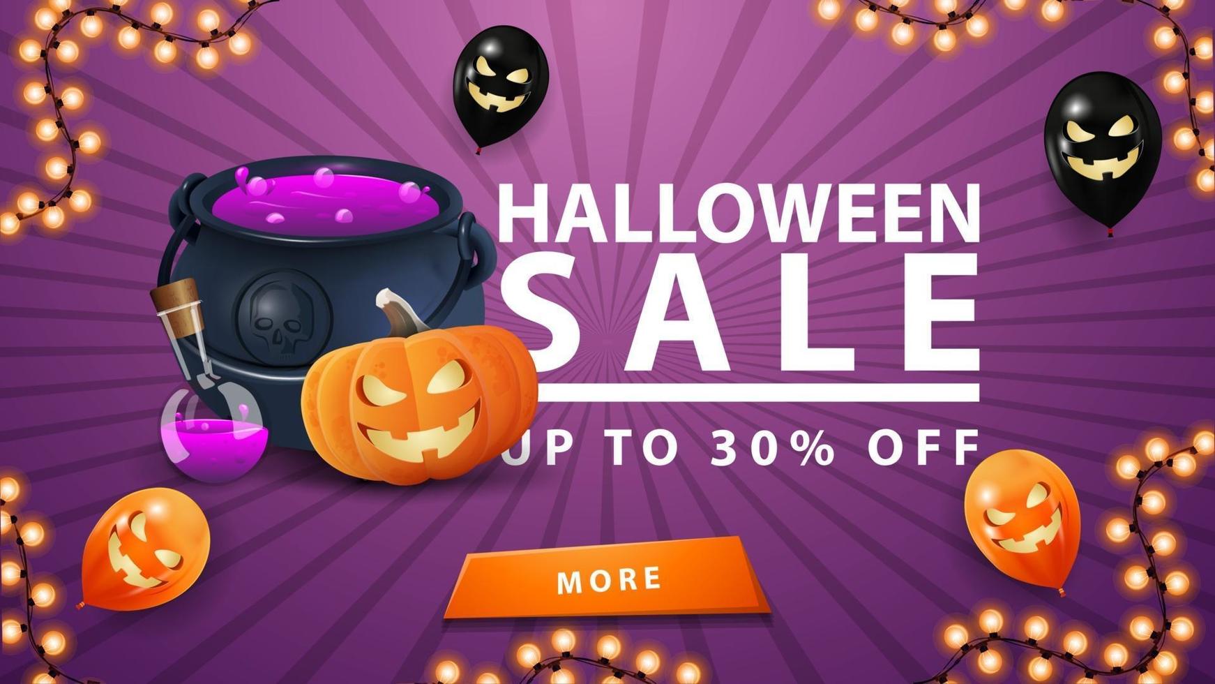 venta de halloween, hasta 30 de descuento, banner morado de descuento con botón, globos de halloween, caldero de brujas y gato de calabaza vector
