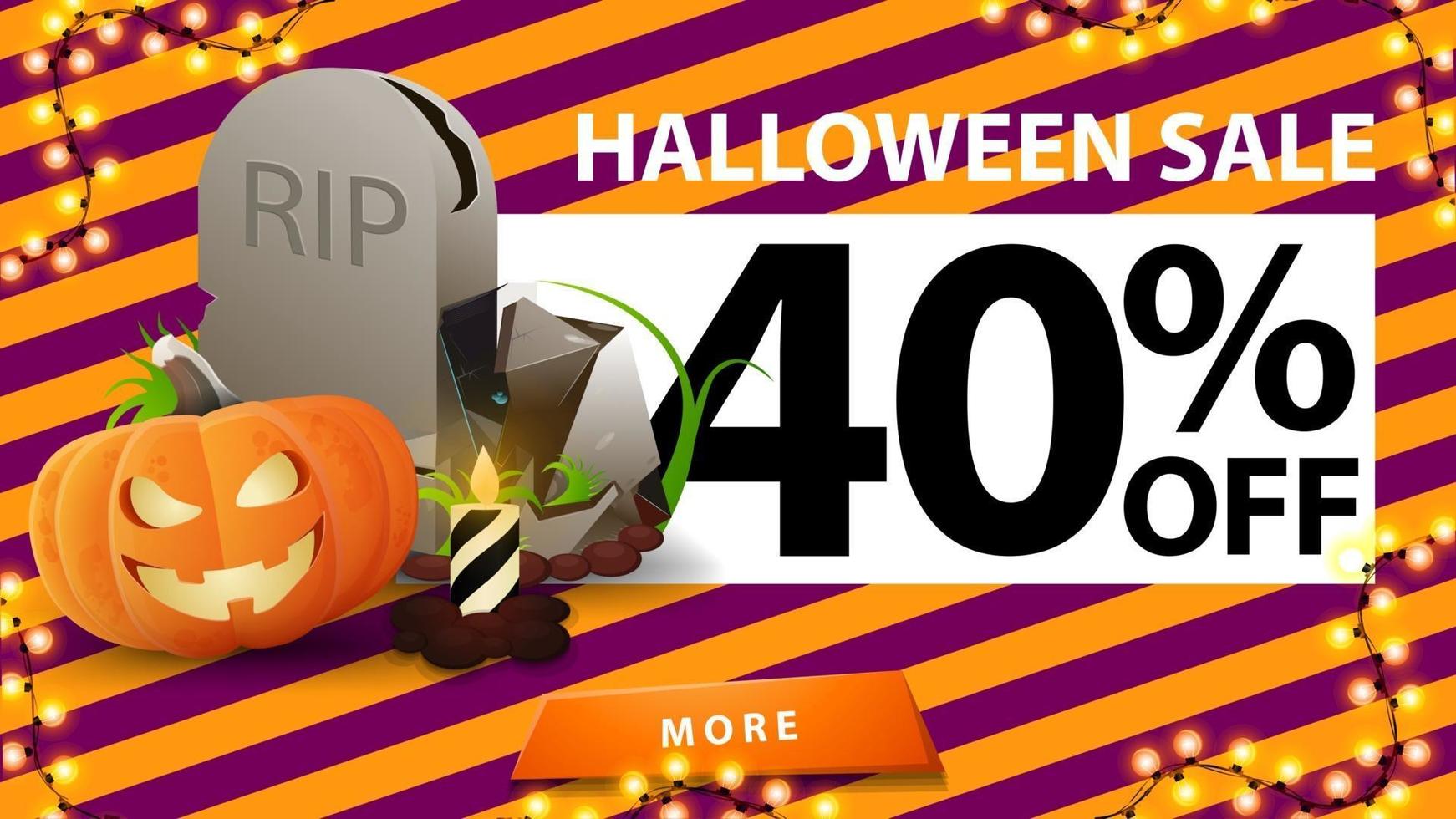 venta de halloween, hasta 40 de descuento, banner de descuento con textura de halloween, lápida y calabaza vector