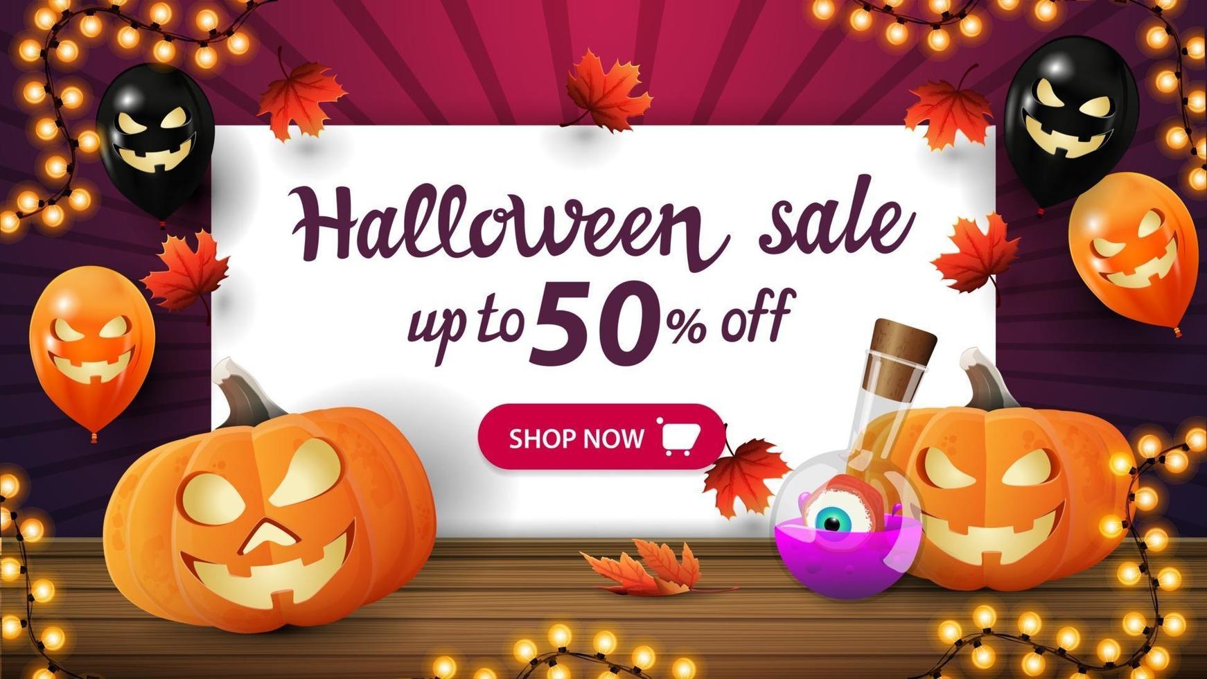 Halloween sale, up to 50 off, discount purple banner with halloween balloons, pumpkin Jack and witch's potion vector