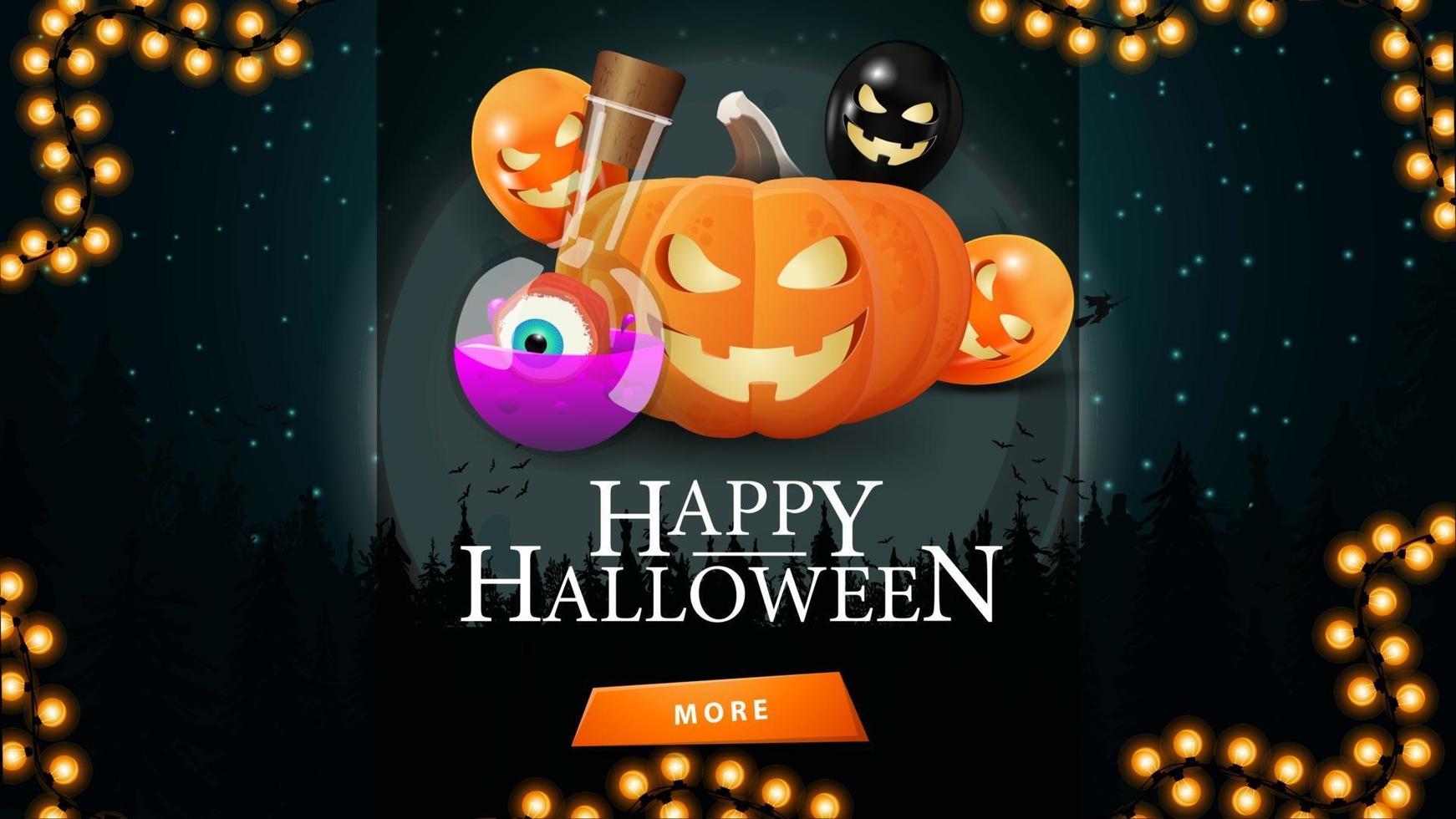 Halloween sale, up to 50 off, discount web banner with halloween night landscape on the background, pumpkin Jack and witch's potion vector