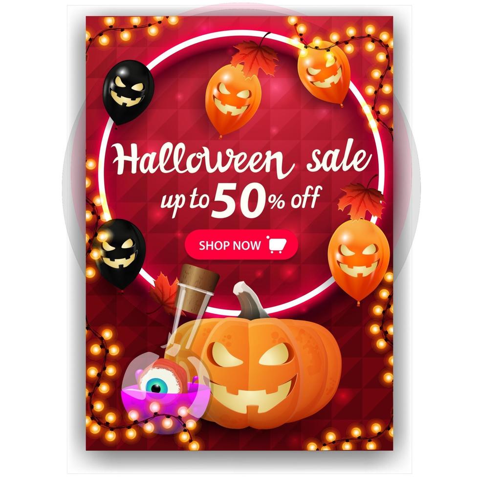 venta de halloween, hasta 50 de descuento, banner rojo de descuento vertical con diseño brillante, globos de halloween, hojas de otoño, calabaza y poción de bruja vector