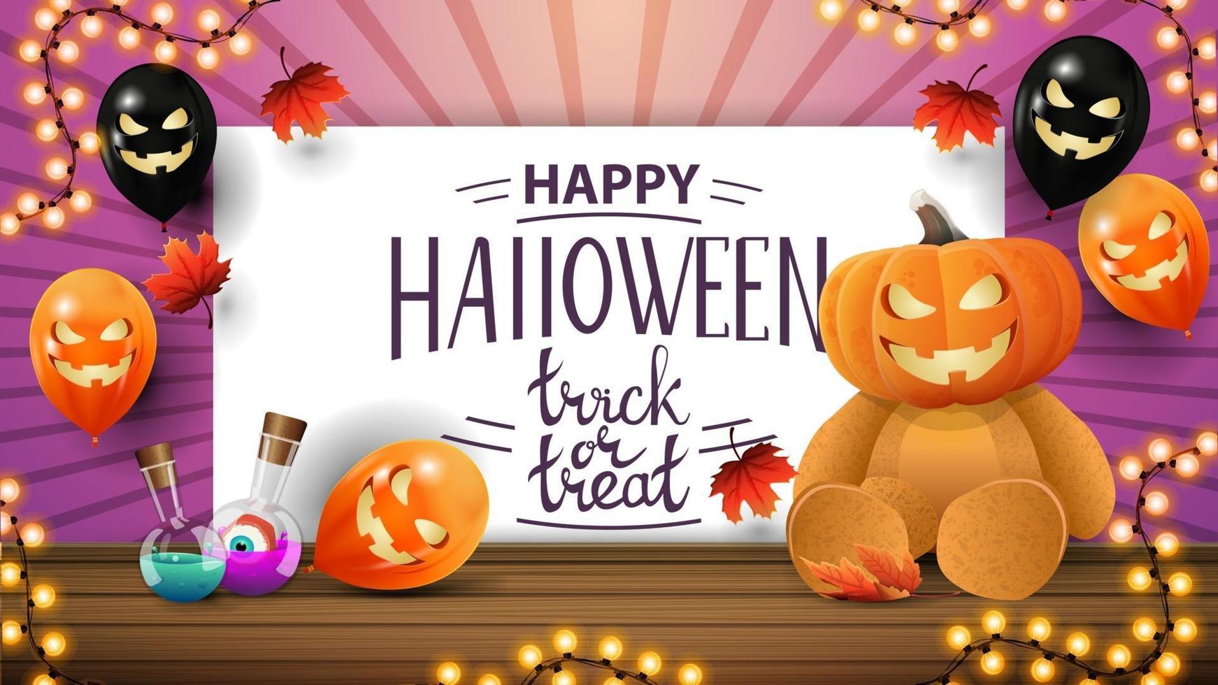 feliz halloween, tarjeta de felicitación rosa con globos de halloween y osito de peluche con cabeza de calabaza jack vector